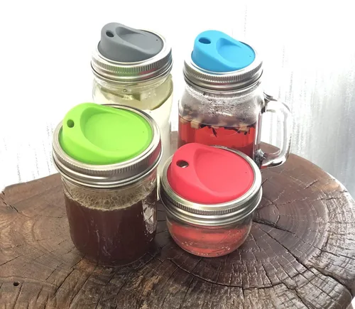 Vista 4 de Kit de tapa reutilizable de silicona de grado alimenticio y sin BPA para beber jugo de café con anillos de acero inoxidable para mason, bolas
