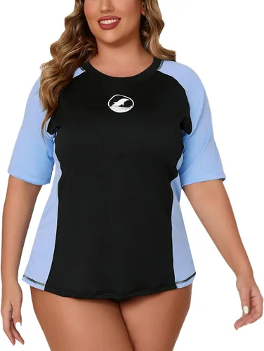 Vista 9 de Halcurt Women's Plus Size Rash Guard Swim Shirt with Built in Bra Swimsuit Todo negro