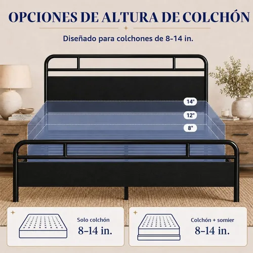 Vista 7 de Allewie Base de cama de plataforma de tamaño completo con cabecera y pie de cama de madera, soporte de 13 listones de metal resistente Roble negro
