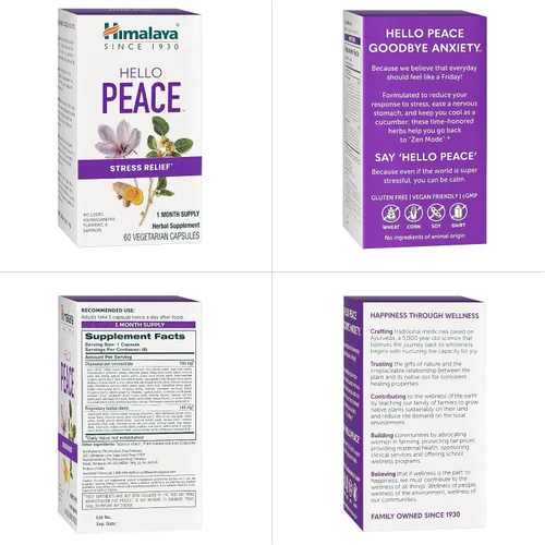 Vista 8 de Himalaya Hello Peace - Suplemento herbario para aliviar el estrés con Ashwagandha y cúrcuma para cortisol normal y apoyo suprarrenal, vegano, sin