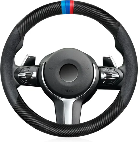 Vista 6 de Funda para volante de fibra de carbono, antideslizante y absorbente de sudor, fundas para volante de 15" para X5 X3, para hombres y mujeres, negra