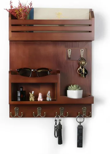 Vista 2 de Soporte para llaves de pared, organizador de correo montado en la pared con 6 ganchos de metal para llaves, estantes para decoración de entrada