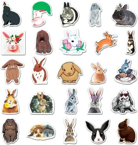 Vista 2 de Lindas 50 calcomanías de conejo de dibujos animados, calcomanías de conejo, vinilo impermeable, paquete colorido surtido para niños, adolescentes