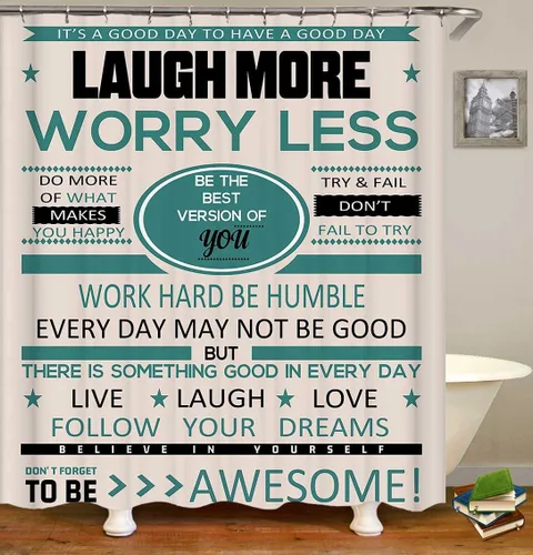 Vista 3 de Jayden Madge - Juego de 4 cortinas de ducha con citas inspiradoras negras y verde azulado, palabras positivas, Live Laugh Love, decoración de baño