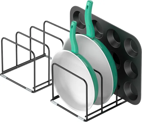 Vista 11 de KORRTFID Organizador de armario de cocina, soporte para utensilios de cocina de acero, soporte dividido con 5 ranuras para sartenes, bandeja