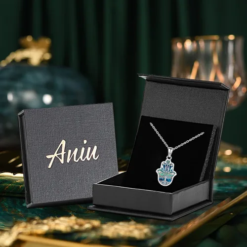 Vista 38 de Aniu Joyería de plata de ley 925 Hamsa de Fátima para mujer con circonita cúbica, viene con caja de regalo negra