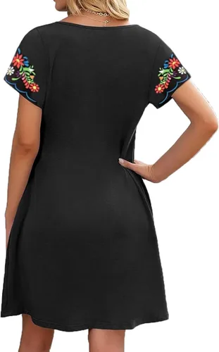 Vista 2 de Melliflo Vestido mexicano de manga corta con cuello redondo para mujer, vestido de camiseta bordado floral, vestido étnico bohemio por debajo
