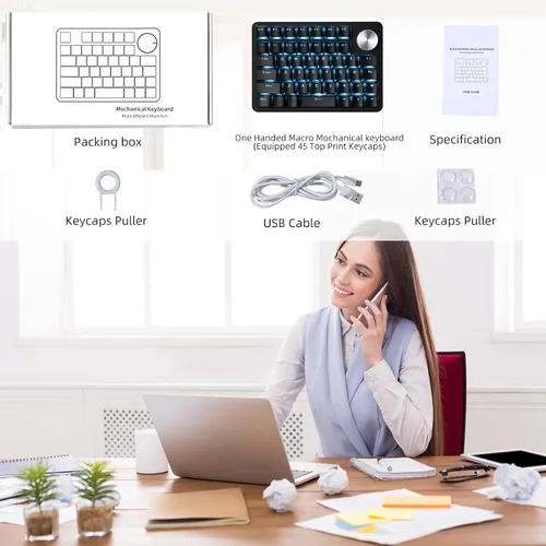 Vista 7 de Koolertron Teclado mecánico para juegos con una sola mano, teclado programable, perilla giratoria de 45 teclas retroiluminadas azulesinterruptores