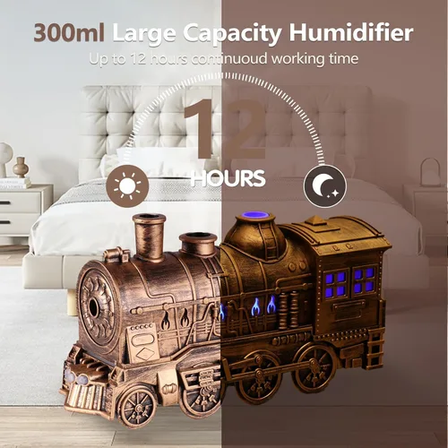 Vista 4 de Humidificador de tren con difusor de aceite esencial, humidificador de tren de niebla fría de 10.1 fl oz para dormitorio, 2 modos de luz nocturna