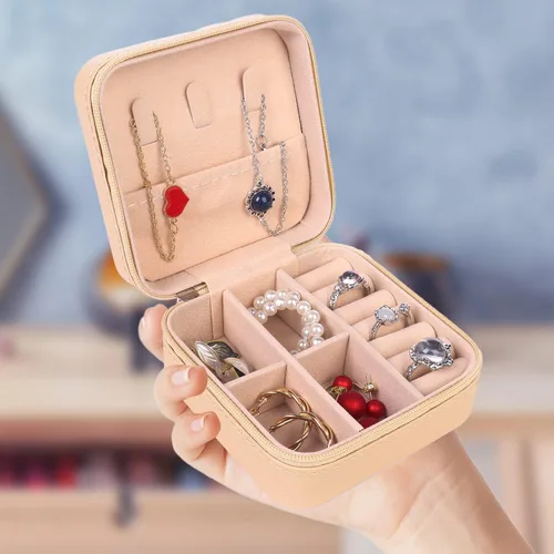 Vista 6 de KElofoN Organizador de joyas de viaje, joyero de viaje, caja organizadora de joyas pequeña para niñas y mujeres (1, caqui)