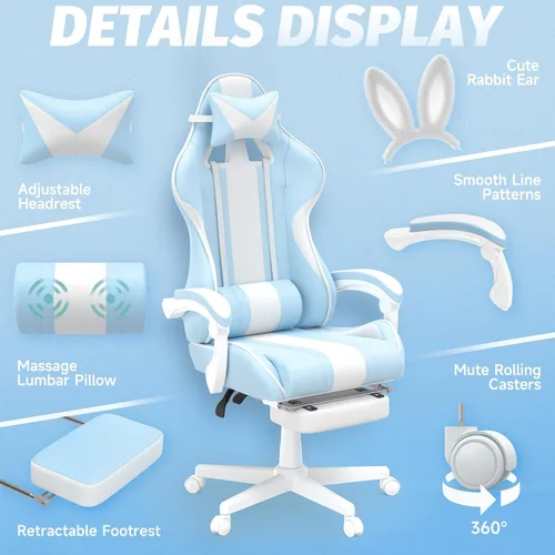 Vista 5 de Ferghana Kawaii - Silla de juegos azul claro con orejas de conejo, ergonómica y bonita silla para jugadores con reposapiés y masaje, silla