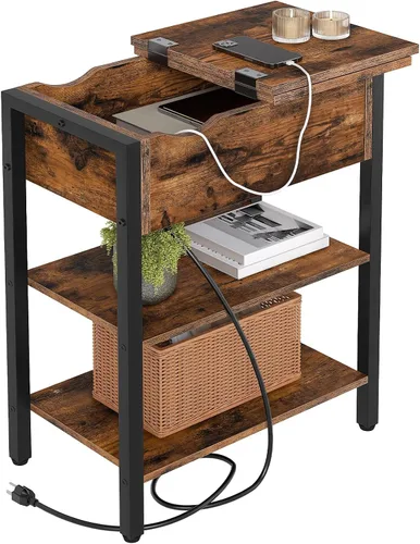 Vista 13 de HOOBRO - Mesa auxiliar lateral, mesa de centro abatible con estación de carga y estantes, puertos USB y tomas de corriente, mesita de noche estrecha