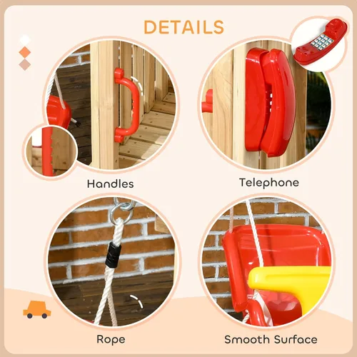 Vista 5 de Outsunny Juego de columpios para patio trasero, juego de madera para exteriores con asiento de columpio para bebé, tobogán para niños, fuerte, Rojo