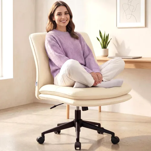 Vista 9 de NYPOT Silla de escritorio sin brazos con ruedas para sentarse entrecruzada, silla sin brazos anchos con patas cruzadas, taburete giratorio ajustable