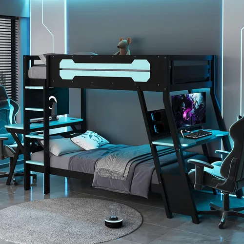 Vista 40 de Cama tipo loft en forma de L tamaño matrimonial e individual con 2 escritorios, tablero de clavijas y cajones de almacenamiento, marco de cama