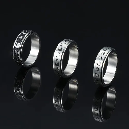 Vista 5 de FIBO STEEL Anillo giratorio de acero inoxidable para mujeres y hombres, anillos de banda para la ansiedad, luna y estrella, flores, juego de anillos