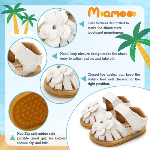 Vista 5 de Miamooi Sandalias de verano para bebés y niñas, zapatos de cuna con lazo, zapatos de piel sintética para niños pequeños, suela de goma suave