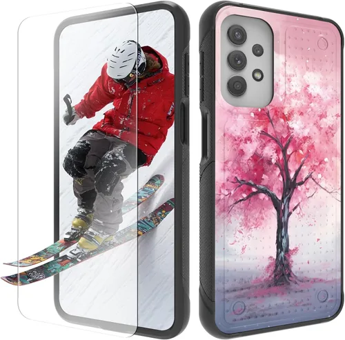 Vista 27 de Funda para Samsung Galaxy A13/A04/A04S/A23/A32 5G con protector de pantalla, parte trasera con textura de policarbonato duro, hermosa flor, diseño