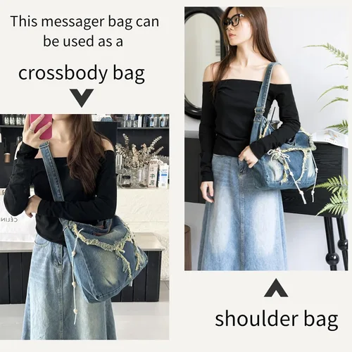 Vista 6 de Ruofuna Bolso cruzado de mezclilla grande vintage para mujer, bolso de hombro con cremallera, bolso de mensajero casual para la escuela