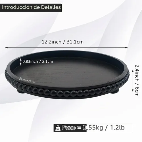 Vista 2 de FramePro Bandeja Decorativa Redonda de 12 pulgadas con Cuentas de Madera - Elevadores de Bandeja de Servir Negros para Sala de Estar, Mesa de Café