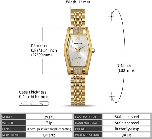 Vista 6 de BERNY Relojes de oro para mujer, delicado hexágono, reloj de pulsera de cuarzo para mujer, correa de acero inoxidable, reloj analógico de moda