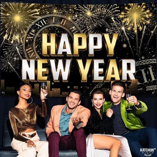 Vista 4 de KatchOn, Pancarta de Feliz Año Nuevo Extra Grande – 72 x 44 Pulgadas Telón de Fondo de Año Nuevo 2026 Decoraciones de Año Nuevo 2026 Pancarta