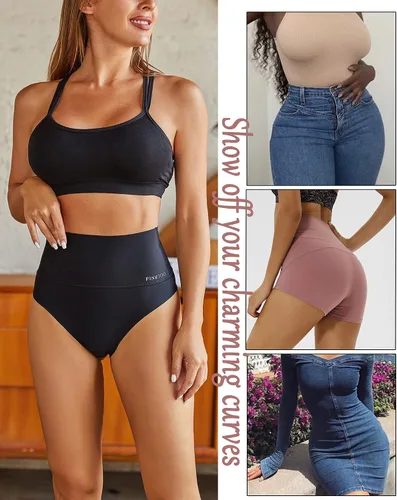 Vista 6 de FINETOO Tangas de cintura alta para mujer ropa interior con control de abdomen nailon suave elásticas no se muestran paquete de 4