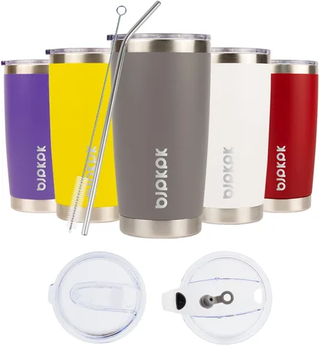 Vista 24 de BJPKPK Vaso térmico negro con tapa y pajita, de acero inoxidable, de 20 onzas, para café Pintura de caucho negro