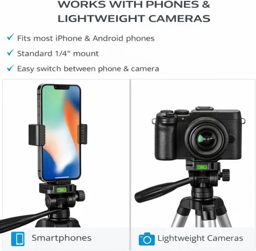 Vista 7 de Acuvar Trípode de teléfono de 50 pulgadas con soporte giratorio, filmación vertical y horizontal para iPhone y Android, trípode ligero de aluminio