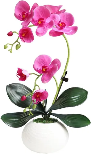 Vista 12 de LESING Artificial Potted Orchid Flower for Table Centerpieces,Real Touch White Fake Orchid Flowers in Vase for Home Decoration (Style 2,Black Vase)