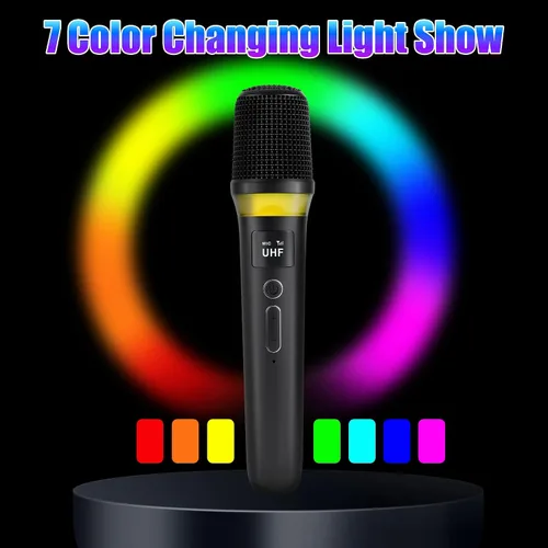 Vista 8 de Micrófonos inalámbricos UHF, micrófonos dinámicos de mano de metal con rango de 164 pies, luz RGB, micrófono vocal dinámico cardioide para fiesta