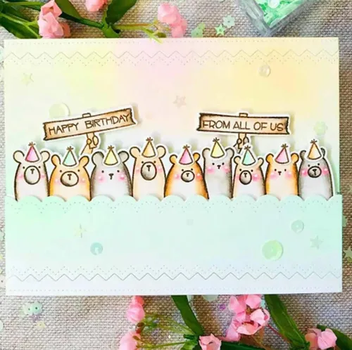 Vista 2 de Juego de sellos y troqueles transparentes de silicona con diseño de animales de feliz cumpleaños para hacer tarjetas, plantillas de corte de metal