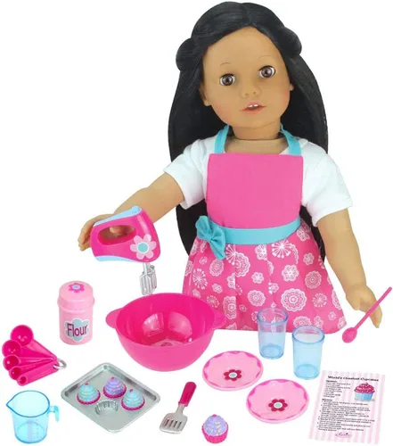 Vista 2 de Set de accesorios de repostería y delantal de Sophia para muñecas de 18 pulgadas, rosa Accesorios para hornear + Delantal