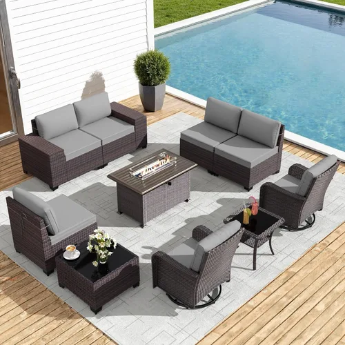 Vista 28 de Gotland Juego de muebles de patio de 6 piezas con 1 mesa auxiliar, 5 plazas de ratán seccional para exteriores con reposabrazos anchos de 29.5 Gris