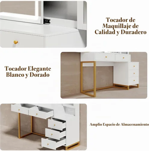 Vista 6 de Juego de mesa de tocador de maquillaje moderna extragrande con espejo iluminado deslizante, estación de carga, taburete acolchado, 5 cajones