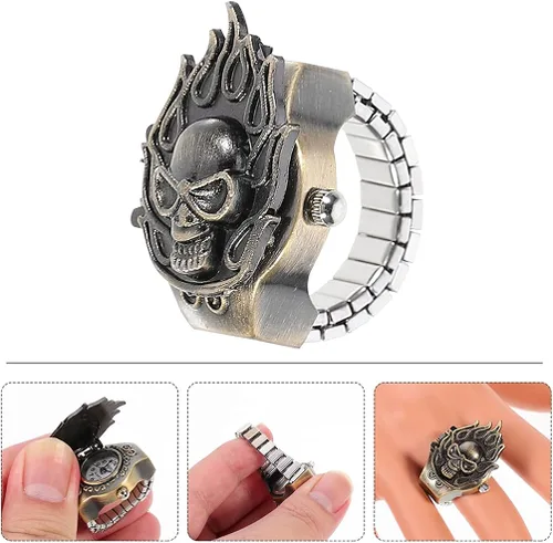 Vista 9 de ifundom Reloj de dedo para hombre, estilo punk, diseño de calavera, extensión, correa de acero inoxidable, tamaño ajustable