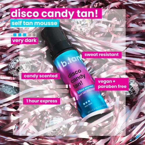 Vista 3 de b.tan Dark Self Tanner Mousse Disco Candy Tan - Mejor espuma bronceadora sin sol exprés de 1 hora, perfumada a caramelo, a prueba de sudor