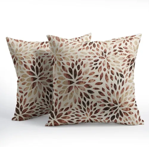 Vista 2 de Juego de 2 fundas de almohada de dalia rojo burdeos de 16 x 16 pulgadas, fundas de almohada geométricas rústicas de flores de algodón y lino