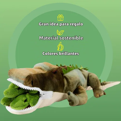 Vista 5 de PREXTEX Juguetes de peluche de cocodrilo con 3 animales de peluche de cocodrilo para bebés, cremalleras de cocodrilo, 3 pequeños cocodrilos