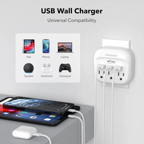 Vista 3 de BN-LINK Paquete de 2 extensores de salida de enchufe múltiple, 3 salidas de pared con 3 puertos USB (1 USB C), adaptador de carga para dormitorio