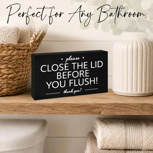 Vista 5 de 3x5 Bathroom Wooden Block Sign, Please Close Lid Before Flushing, Black
