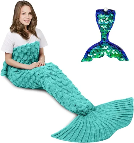 Vista 13 de AmyHomie Manta de cola de sirena, manta suave para niños, saco de dormir de sirena de ganchillo, regalo de sirena para niñas