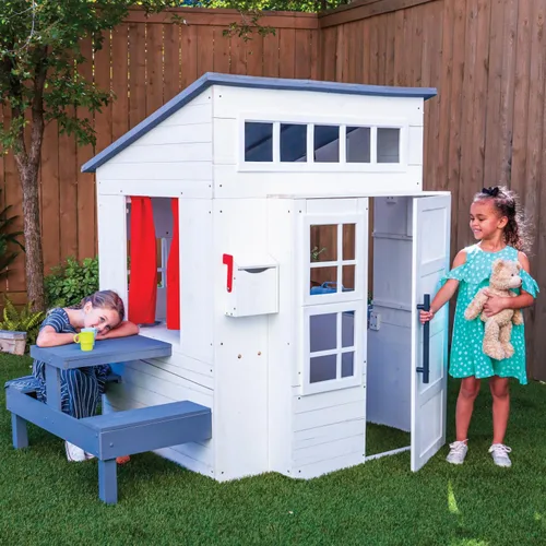 Vista 3 de KidKraft Moderna casa de juegos de madera para exteriores con mesa de picnic, buzón y parrilla al aire libre, color blanco