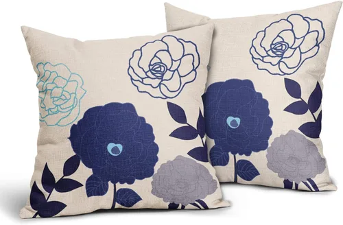 Vista 29 de Sweetshow Juego de 2 fundas de almohada florales de color azul marino de 16 x 16 pulgadas, fundas de almohada cuadradas de lino con estampado