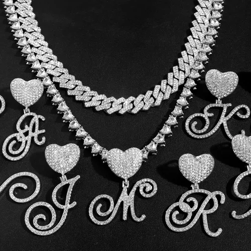 Vista 4 de DLSIXNCO Cadena de eslabones cubanos de plata para mujer, collares en capas con iniciales cursivas en forma de corazón, collar con colgante