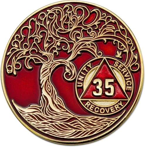 Vista 64 de 1 año Sobriety Mint Twisted Tree of Life Medallón de recuperación AA chapado en oro, chip/ficha - negro