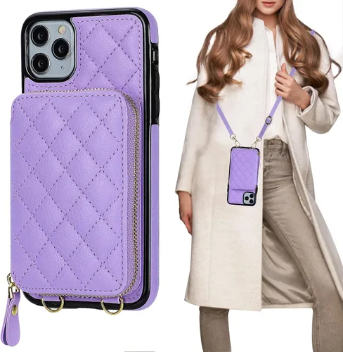 Vista 11 de Bocasal Funda tipo cartera cruzada para iPhone 11 Pro Max, con bloqueo RFID, de piel sintética, con cremallera, funda tipo cartera con función atril