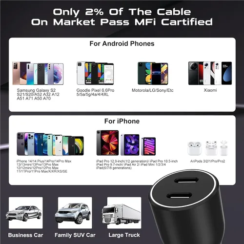 Vista 7 de Essri Cargador de coche rápido para iPhone 14 Pro 13 Pro Max 12 Mini 11 Pro SE X 8 Plus, cargador de coche con 2 unidades USB C de 3 pies