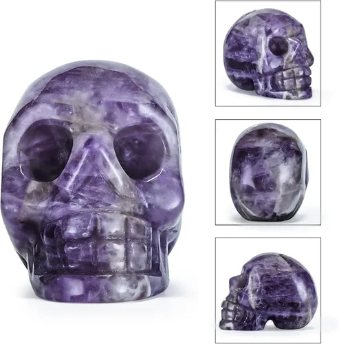 Vista 3 de Artistone Estatua de calavera de cristal de amatista de 2 pulgadas, piedra preciosa curativa tallada a mano con cabeza de calavera humana