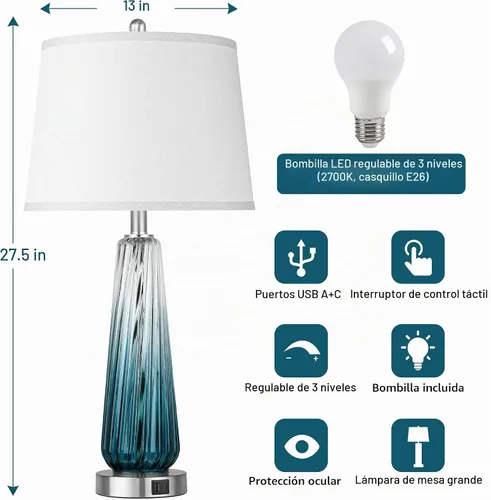 Vista 4 de Lámparas de mesa de cristal para sala de estar, modernas lámparas de noche con puertos USB A+C, lámpara de mesa de noche con control táctil Verde